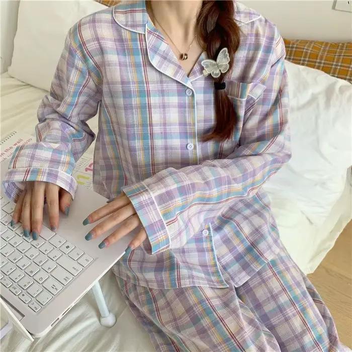 Dámske pyžamo na jeseň a zimu s dlhým rukávom mäkké nočné oblečenie Homewear dvojdielny set ženy Plaid ležérne