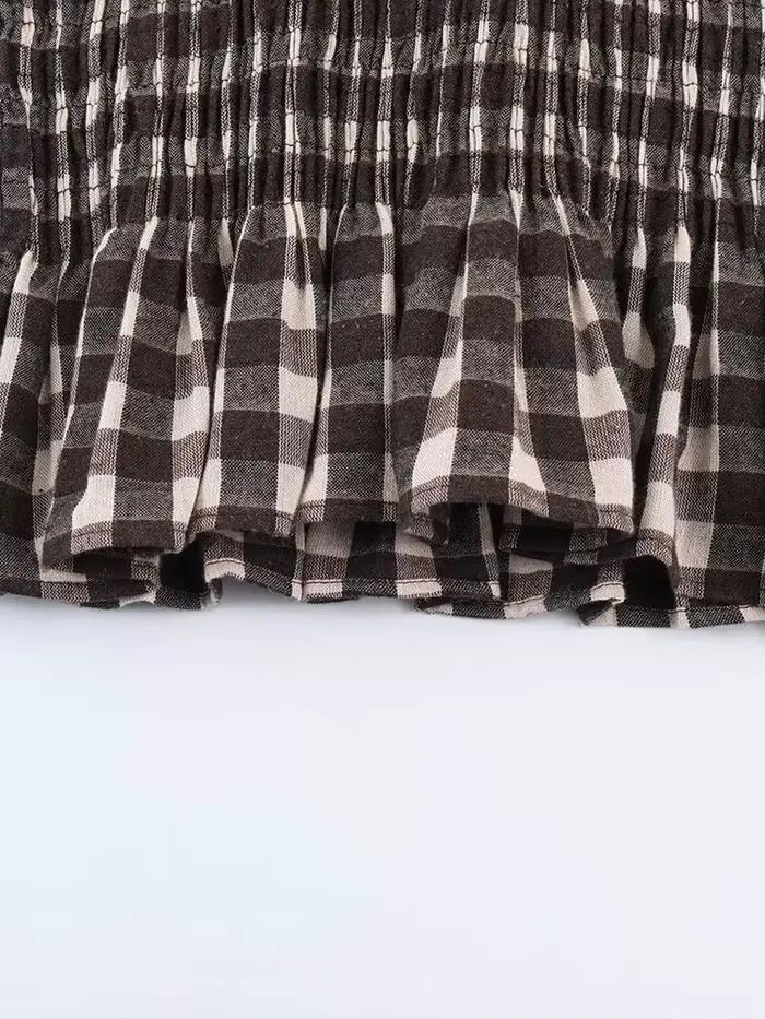Nlzgmsj 2025 Vintage Chic hnedá kockovaná košeľa pre ženy s dlhým rukávom Blúzka s riasením ležérny elegantný top