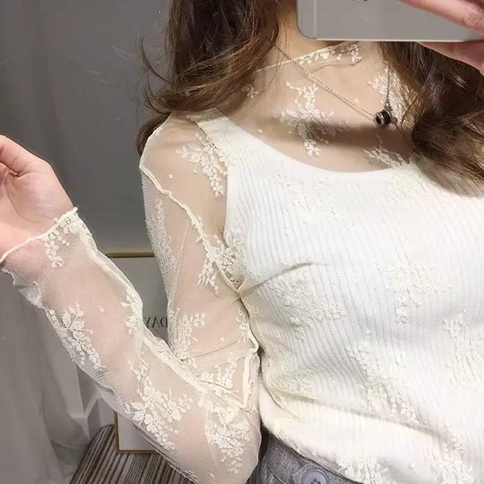 2021 módne dámske Sexy s dlhými rukávmi priesvitné sieťované tričko voľné T-Shirt čistá čierna biela čipka