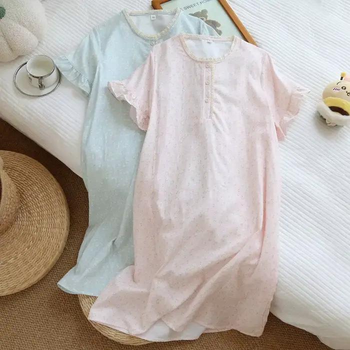 Nouvelle chemise de nuit d'été 2026 pour femme, 100 % coton, gaze double épaisseur, manches courtes, motif floral, col rond, fine et légère, pour la maison