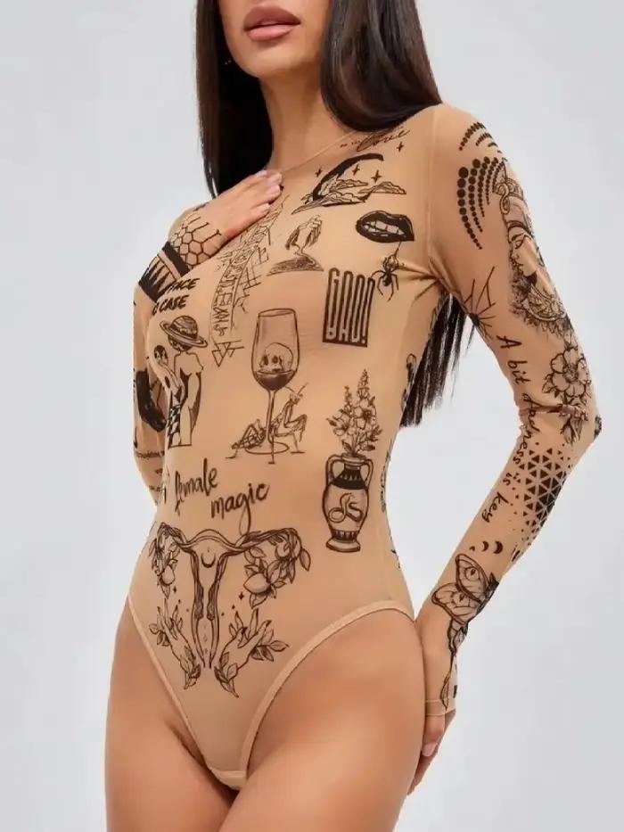 Dlhorukávové body s potlačou tetovania nude pre ženy, Y2K strih