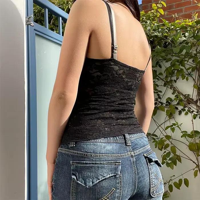Cami court en dentelle transparente noire pour femmes, vêtements Y2K d'été, débardeurs sexy à col en V, t-shirts gothiques esthétiques des années 2000