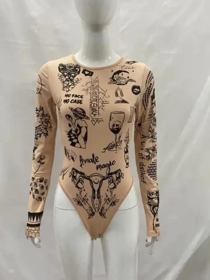 Dlhorukávové body s potlačou tetovania nude pre ženy, Y2K strih