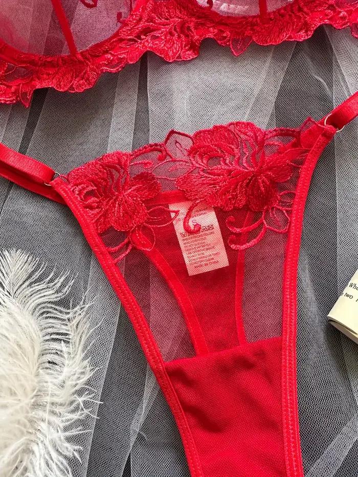 Červené sexy body Lingerie pre ženy čipka priesvitné spodné prádlo víla výšivka krátke súpravy jemná podprsenka