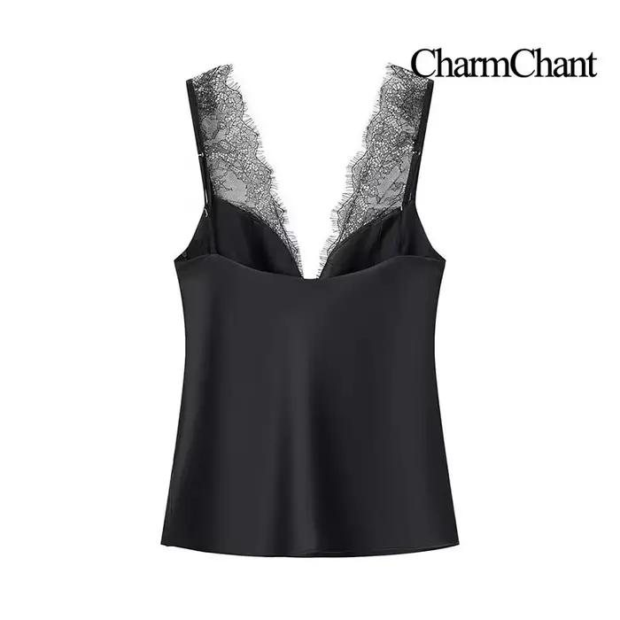 CharmChant noir Satin dentelle col en v Camisole haut pour femmes recadrée Y2k Harajuku mode élégante chemise sans manches Blouse femme