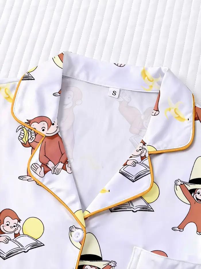 Dámsky pyžamový set, pyžamo s potlačou opice, pohodlný top s golierom a šortky