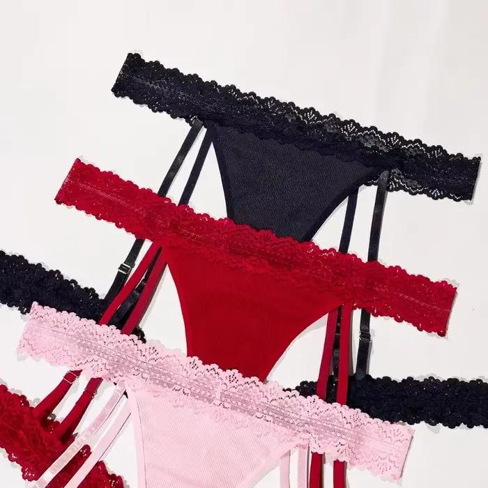 Femme jarretelles chaussettes grande taille dentelle femmes tongs taille basse solide dames G-string nouvelle culotte mode sous-vêtements érotiques XL-4XL
