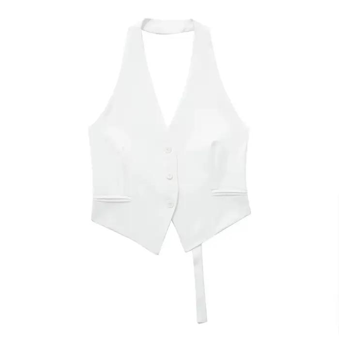 Veste Mujer en polyester avec coupe courte et col en V pour femmes style high street toutes saisons