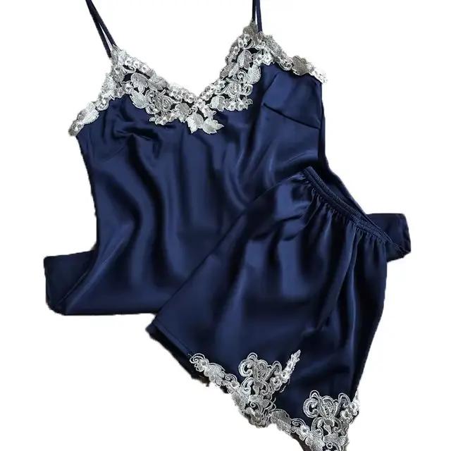 Ensemble pyjama en satin pour femmes, sexy, en dentelle, col en v, vêtements de nuit d'été, pour la maison