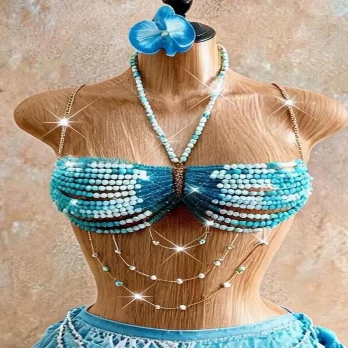 Chaîne de corps perlée multicolore bleu ciel et blanc pour femme, style soutien-gorge, pour plage, été, bikini, crop top, tenue de soirée sexy