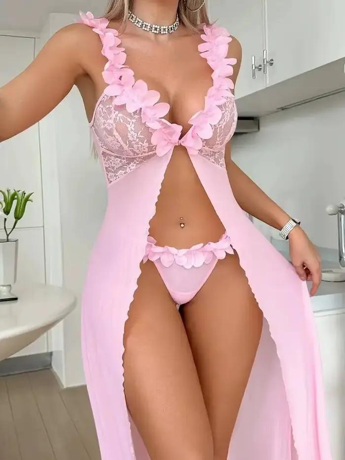 Pyjama Sexy pour femmes, garniture en dentelle fendue, Transparent, dos nu, bretelles en V profond, robe sans manches, pur désir charmant 0FE5
