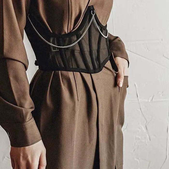 Sexy korzet pod prsia Punk čierna kovová reťaz ženy top krivky tvarovač pásový pás vysoký pás čipka bustier