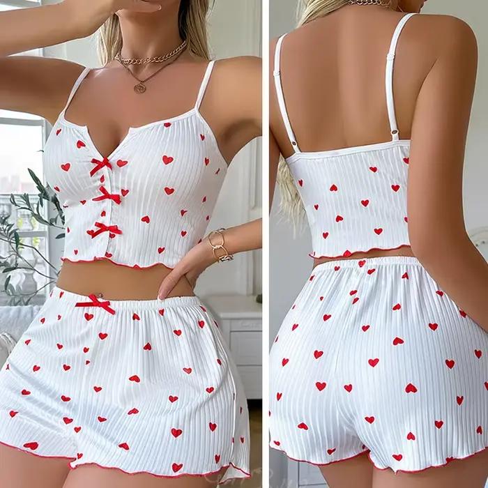 Dámske nočné oblečenie pyžamový set srdiečková potlač jemný rebrovaný materiál s glamour volánmi ležérny cami top a