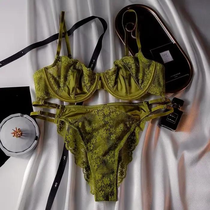 Ensemble sexy soutien-gorge et culotte en polyester avec dentelle pour femmes, demi-tasse, bretelles ajustables, pour occasions spéciales et quotidien