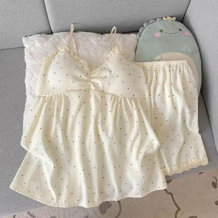 Ensemble de pyjama pour femmes, camisole colorée à pois avec coussinets de poitrine, vêtements de nuit deux pièces, col en V en dentelle, sans manches, pyjama doux et confortable