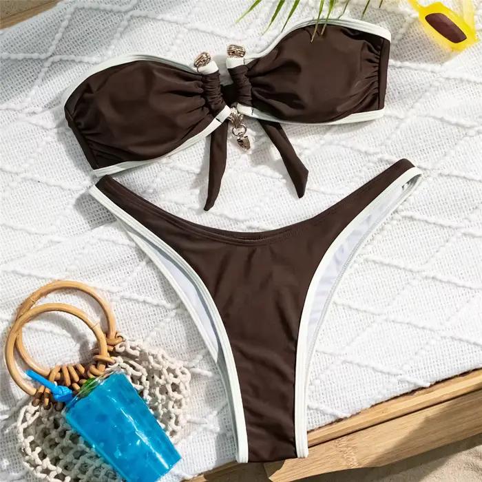 Ensembles de bikinis bandeau marron 2026, maillot de bain sexy pour femmes, maillot de bain bicolore, boucle métallique, maillot de bain à découpe haute, bikinis de mujer