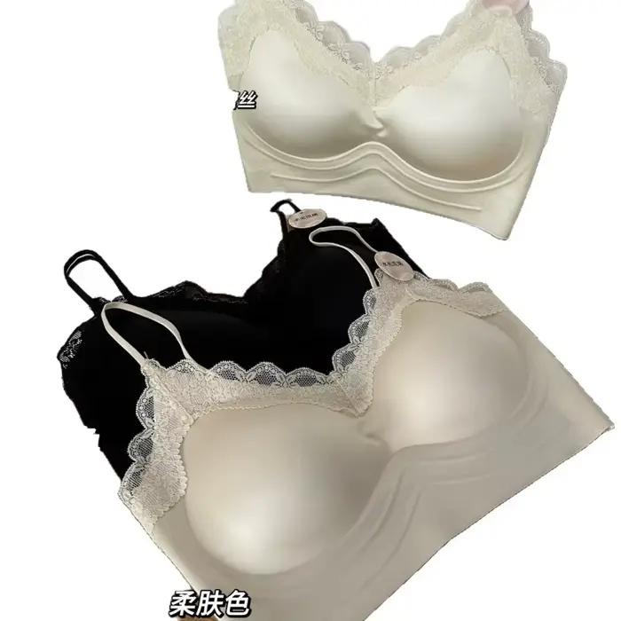 Soutien-gorge sans dos en satin pour femme, bustier en dentelle française avec bandes de maintien en gel, effet push-up, lingerie confortable et brillante