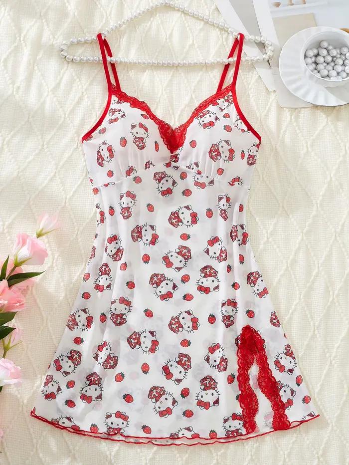 Robe de nuit rose Hello Kitty pour femmes, imprimé Sanrio, robe sexy en dentelle pour adultes, robe de nuit érotique, style mignon et confortable, cadeaux, design tendance