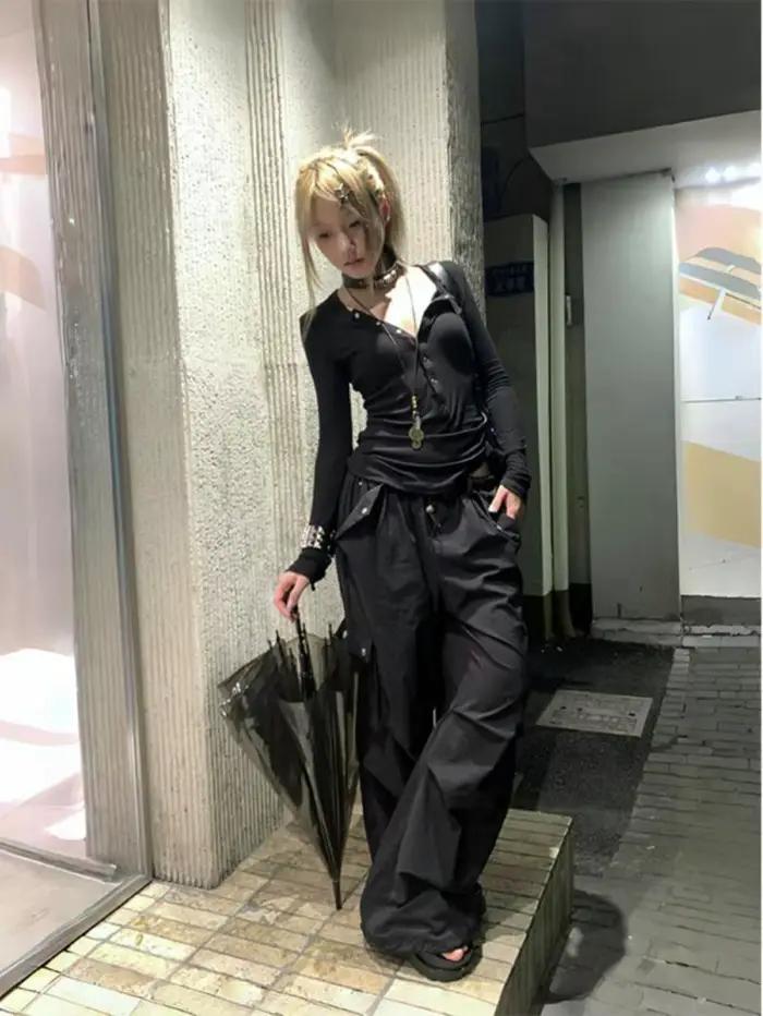 Tonngirls Y2K japonské tričko pre ženy s čipkovanými dlhými rukávmi s grafickou potlačou
