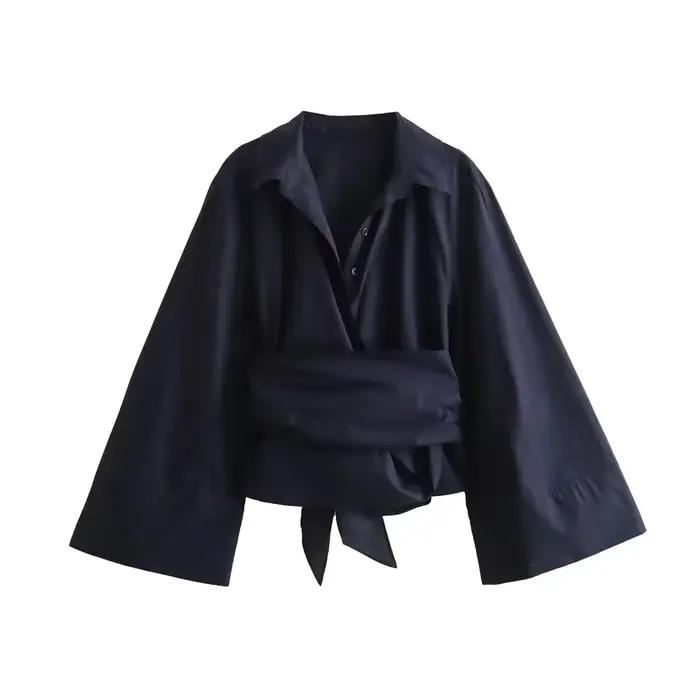 Blouse en coton et polyester décontractée à col en V pour femmes junior occasions printemps été bureau