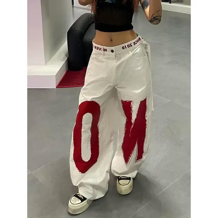 ZHIZOU dámske biele nohavice s potlačou písmen Y2k Baggy džínsy 2000s štýl Denim