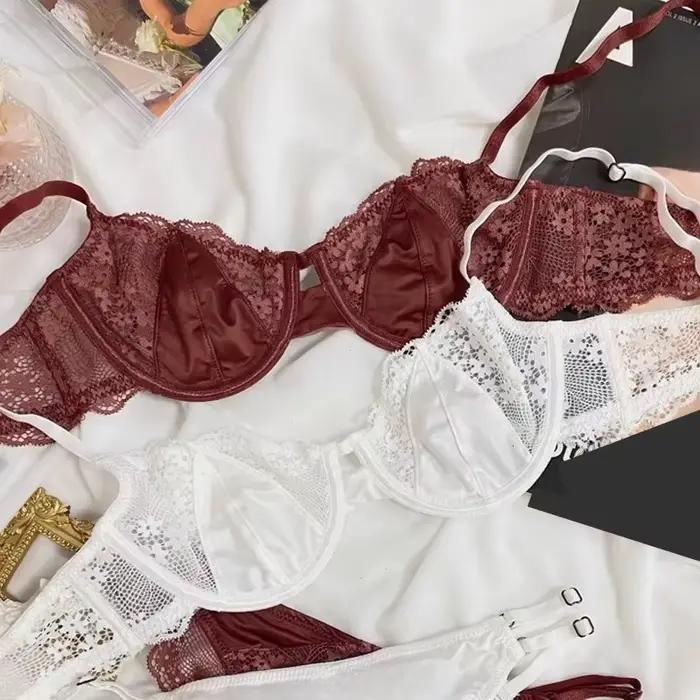Soutien-gorge sexy pour femme tricoter polyester forme trois quarts anti-affaissement ensemble soutien-gorge et culotte trame fine confortable occasions spéciales