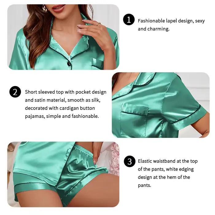 Pyjama luxueux en Satin pour femmes, col rabattu, haut à boutons, short, vêtements de nuit et vêtements de détente pour la maison, costume d'été