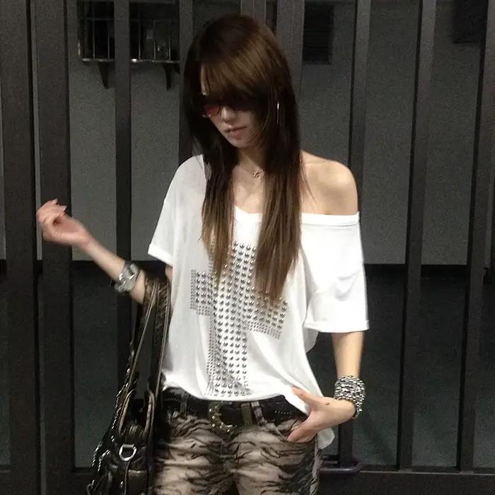 Karrram japonské Y2k kovový kríž potlač tričko Trashy 2000s V-výstrih priehľadný top Vintage Harajuku krátky rukáv
