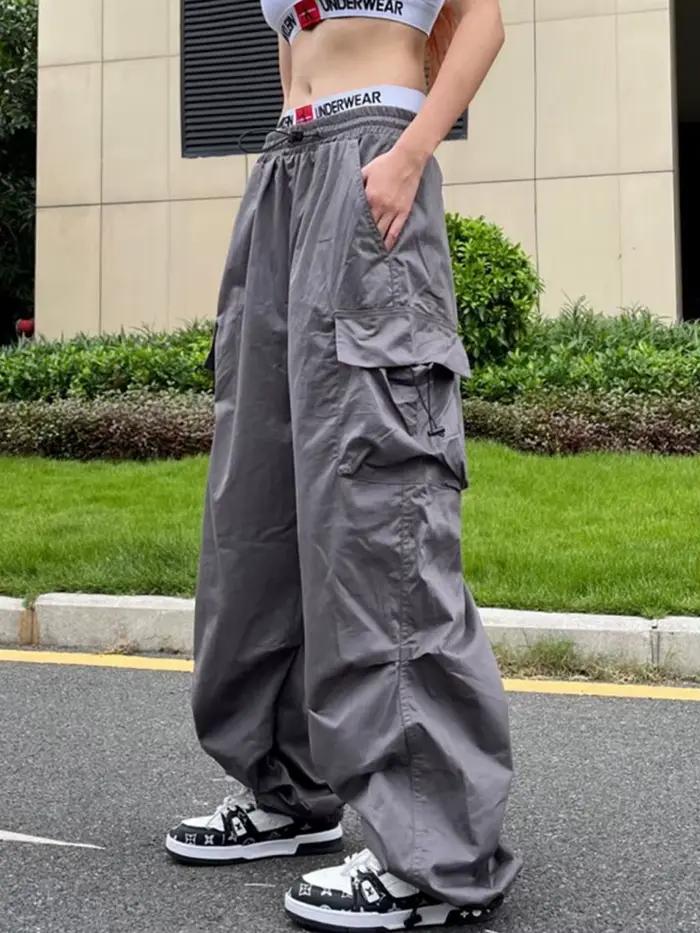 Čierne Y2K padákové nohavice pre ženy Hippie Streetwear s nadrozmernými vreckami Cargo