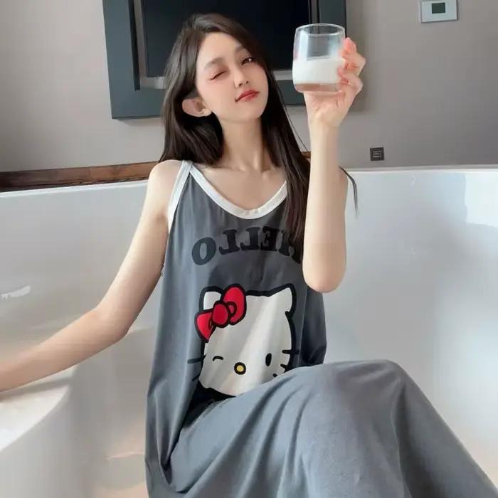 Chemise de nuit sans manches surdimensionnée Kawaii Sanrio Hello Kitty, grande taille pour femmes, robe de nuit d'été en coton doux, vêtements de détente à imprimé de dessin animé