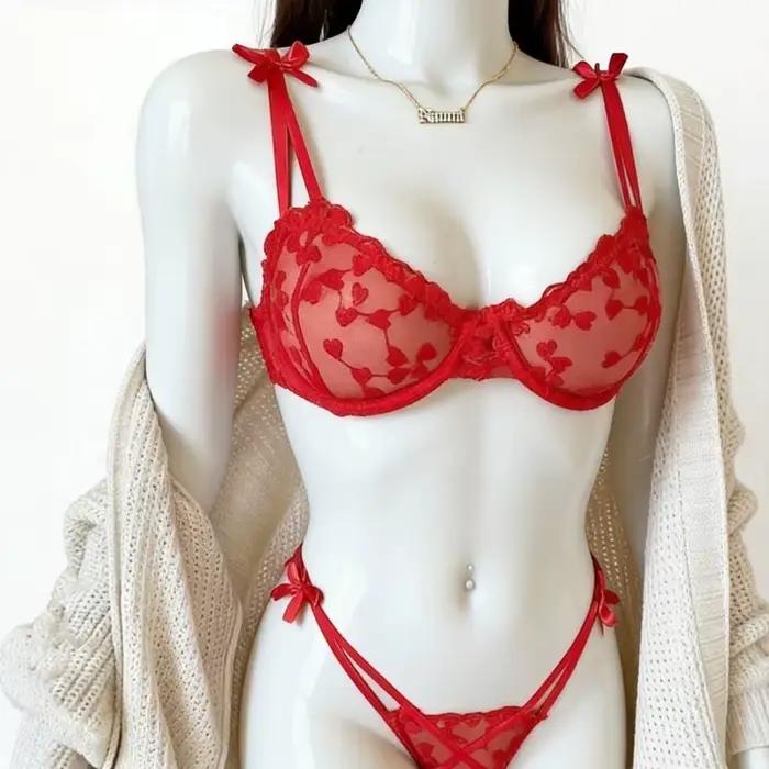Ensemble de soutien-gorge en dentelle brodée de cœur pour femmes, 2 pièces, soutien-gorge transparent, culotte, lingerie, sous-vêtements sexy pour dames, 2023