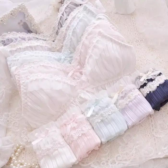 Kawaii pohodlná podprsenka a nohavičky set Lolita dievčenská mašľa bikinový set
