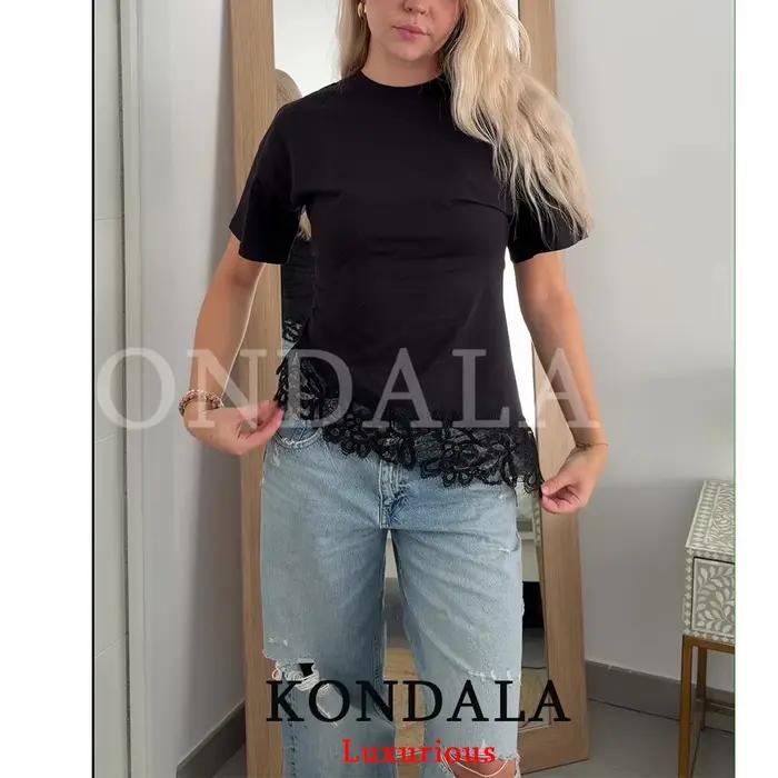 KONDALA Streetwear Chic Ležérny Dámsky Asymetrický Top s Krajkou s Krátkym Rukávom a Okrúhlym Výstrihom Módny Leto Jar