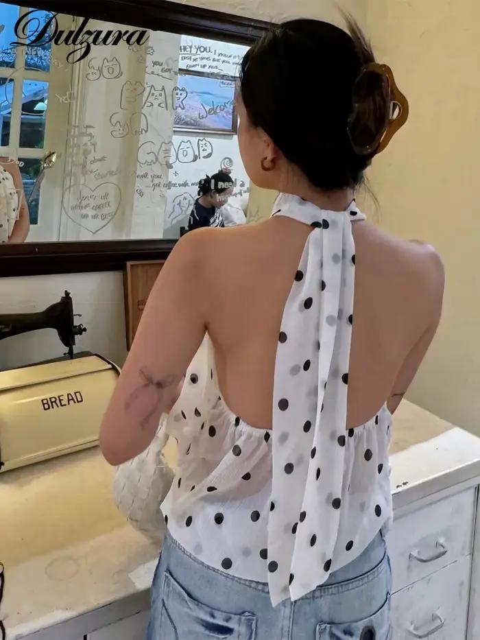 Dulzura Bezramienkový Top Bez Rukávov S Odhaleným Chrbtom S Tenkými Šnúrkami S Bodkovaným Vzorom Z Hodvábneho Šifónu Sexy Elegantný Neformálny Y2K
