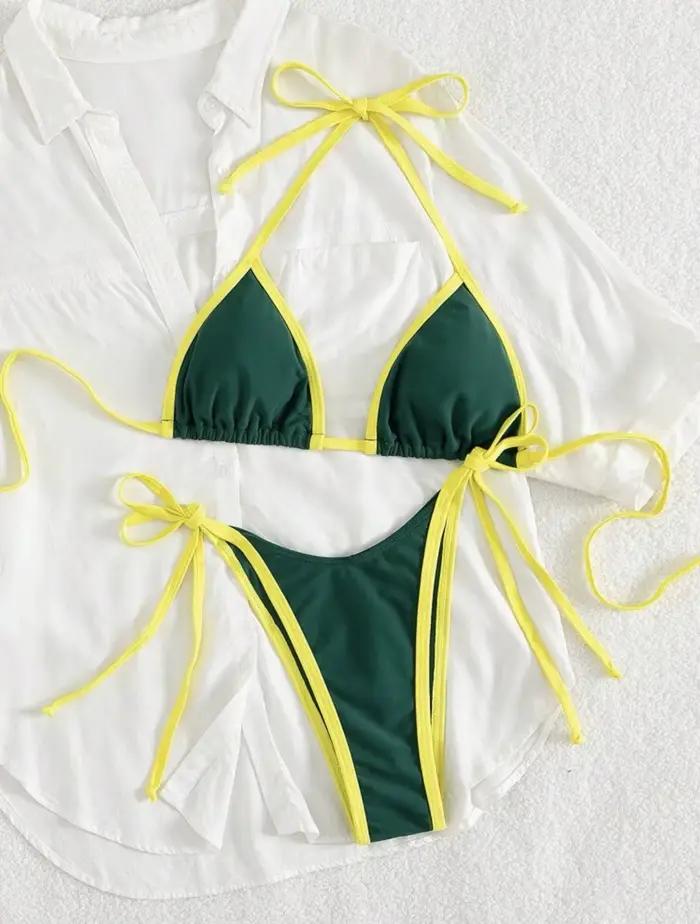 Sexy béžový kontrastný bikini set 2025 ženy lano push up podprsenka kravata bok tanga plavky leto