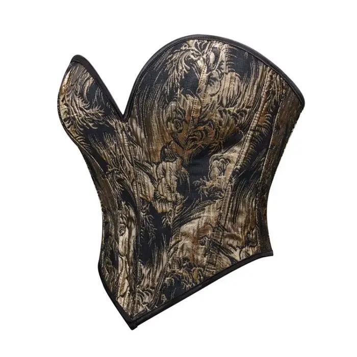 Corset court sexy pour femme, style médiéval vintage, imprimé floral, à lacets, bustier sculptant, pour torse court, noir et or, mode Korsett