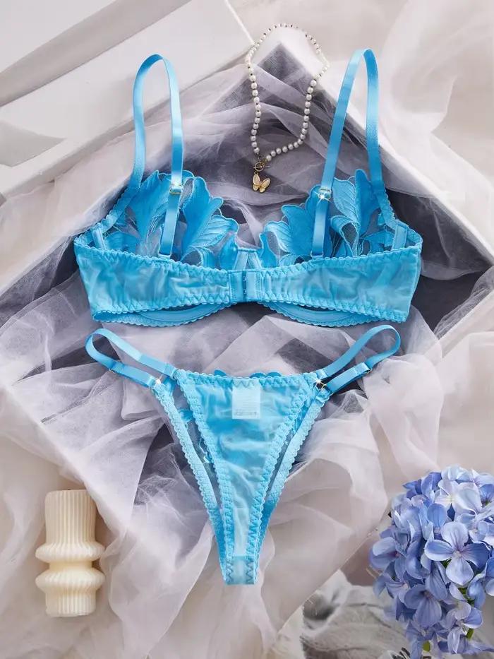 Ensemble de lingerie féminine en dentelle brodée, bleu, Pure Desire, lingerie pour adultes, ensemble de lingerie intime transparente et élégante