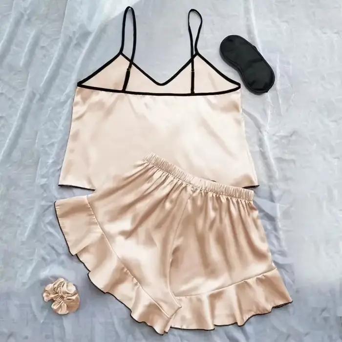 Pyjama en Satin lisse pour femmes, T-Shirt à col en v, bords à volants et short à nœud, ensemble pyjama Simple et respirant, vêtements de maison à bretelles