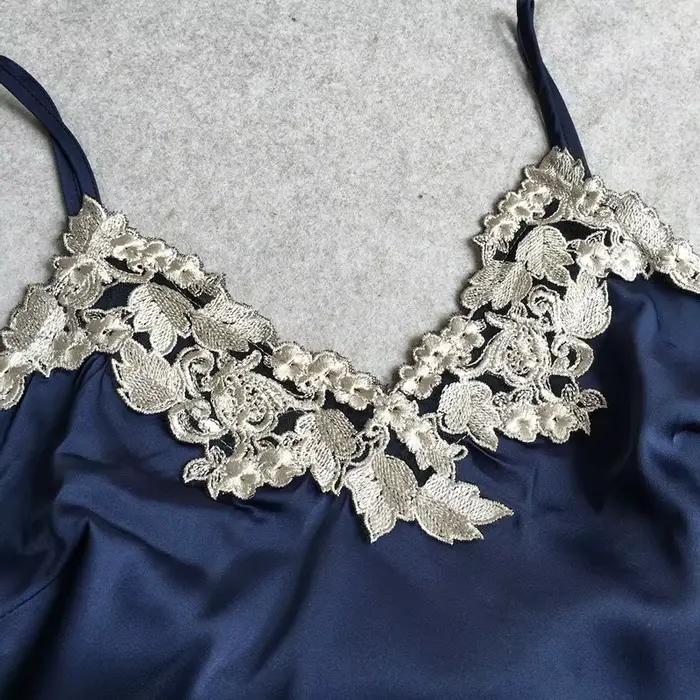 Ensemble pyjama en satin pour femmes, sexy, en dentelle, col en v, vêtements de nuit d'été, pour la maison