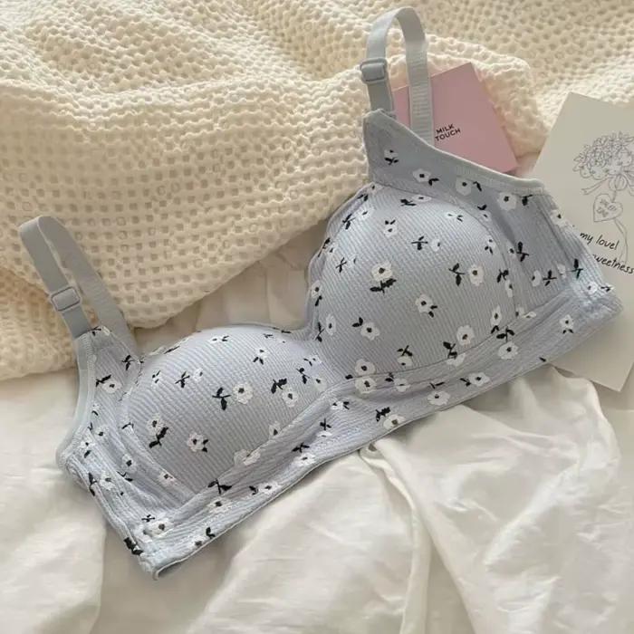 Lingerie confortable à imprimé floral pour femmes, sans jantes en acier, petite poitrine, rassemblement, soutien-gorge fin anti-affaissement pour filles