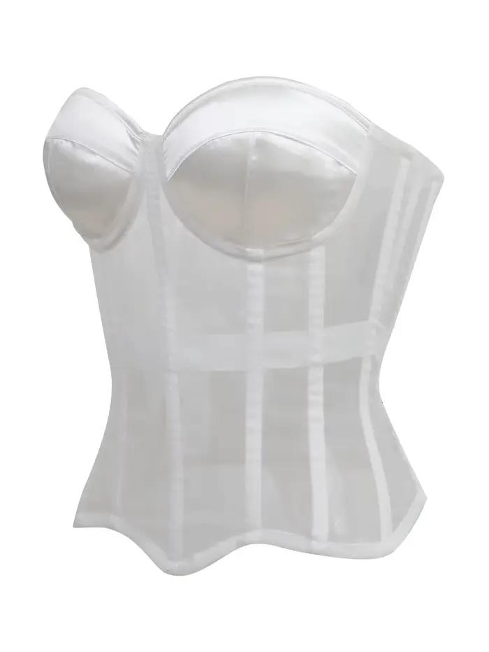 Haut corset sans bretelles en maille transparente pour femme, décolleté cœur, dos lacé, avec baleines pour sculpter la taille