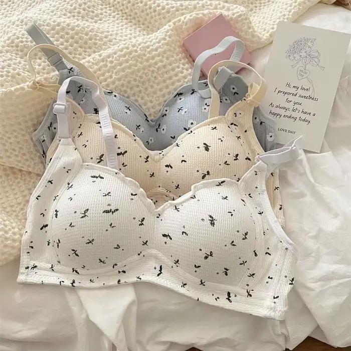 Lingerie confortable à imprimé floral pour femmes, sans jantes en acier, petite poitrine, rassemblement, soutien-gorge fin anti-affaissement pour filles
