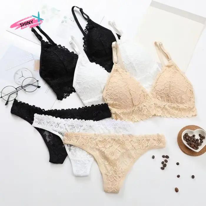 Ensemble soutien-gorge et culotte en dentelle à fleurs, col en V, couleur unie, taille basse, string floral, lingerie féminine