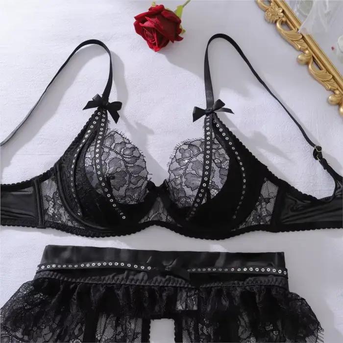 Ensemble de Lingerie en dentelle bleu marine avec paillettes, soutien-gorge Push Up, string, porte-jarretelles, gants longs, ras du cou en perles, sous-vêtements érotiques Sexy pour femmes