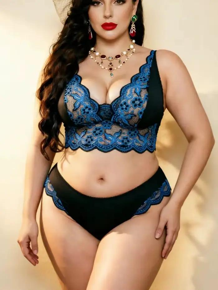 Sexy čipkovaná čierno-modrá spodná bielizeň pre ženy s väčšími veľkosťami s kvetinovou výšivkou - Nohavičky a bralette s nastaviteľnými ramienkami