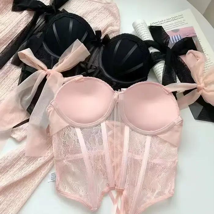 Doux Sexy dames ensemble de soutien-gorge arête de poisson Corset épicé fille dentelle Lingerie sangle rembourrage froncé Type mince Corset femmes ensemble de soutien-gorge