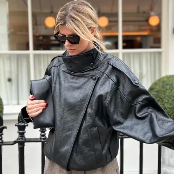 HXAO Novinka Dámska Bomber Bunda z Čiernej Kože Strihaná Oversized Vonkajšie Oblečenie so Zipsom