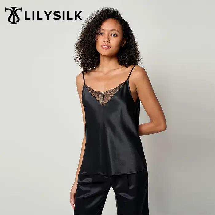 LILYSILK Dámske hodvábne 2-v-1 camisole MIM Vest Top s čipkovaným výstrihom do V a nastaviteľnými tenkými ramienkami