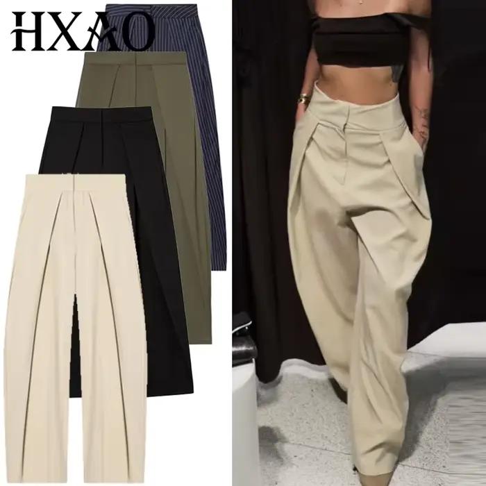 HXAO pruhované baggy nohavice pre ženy jeseň 2025 elegantné plisované široké