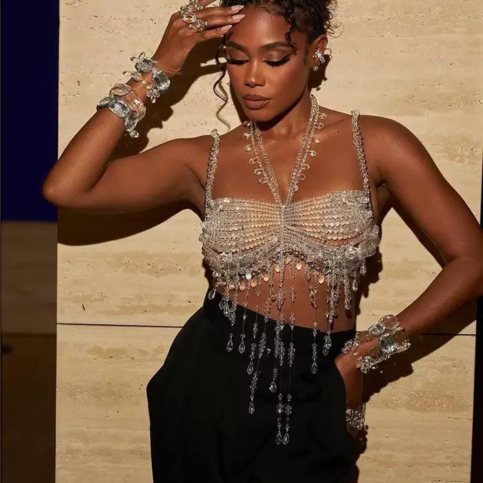 Lustre en cristal fait à la main pour femme, Bralette, Bikini, chaîne de corps de mariée, bijoux, haut de soutien-gorge perlé